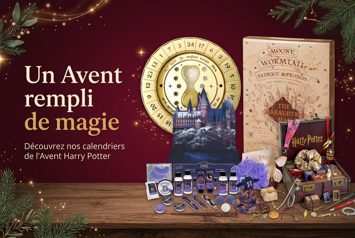 Bannière de Noël mettant en avant les quatre calendriers de l’Avent Harry Potter