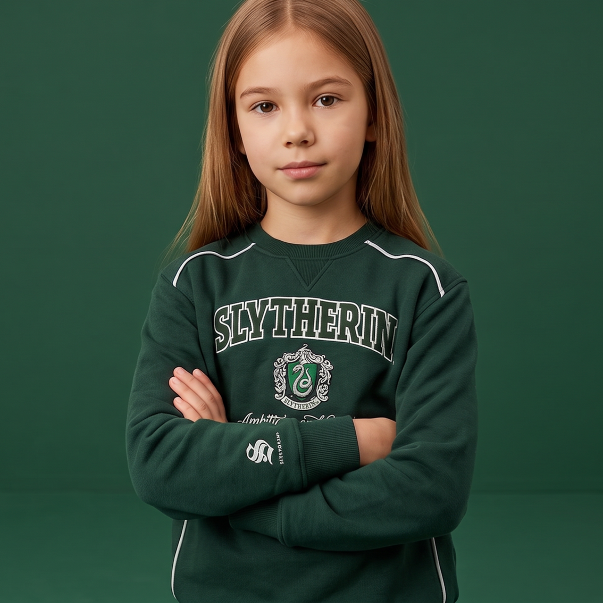 Jeune fille portant un sweatshirt vert Serpentard La boutique Aux 2 Balais avec blason brodé et détails blancs