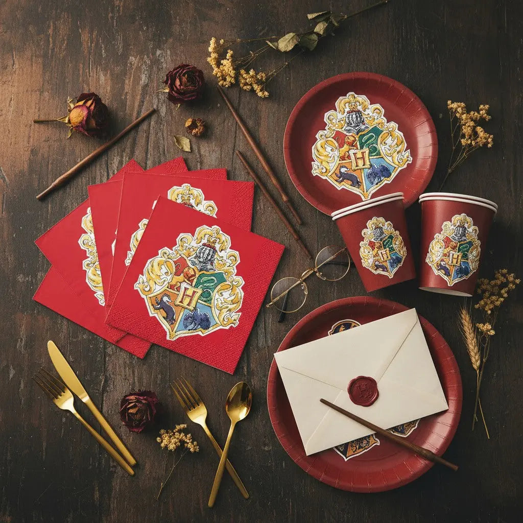 La boutique Aux 2 Balais : 16 serviettes papier Harry Potter 25x25cm, blasons 4 maisons Poudlard sur fond rouge.