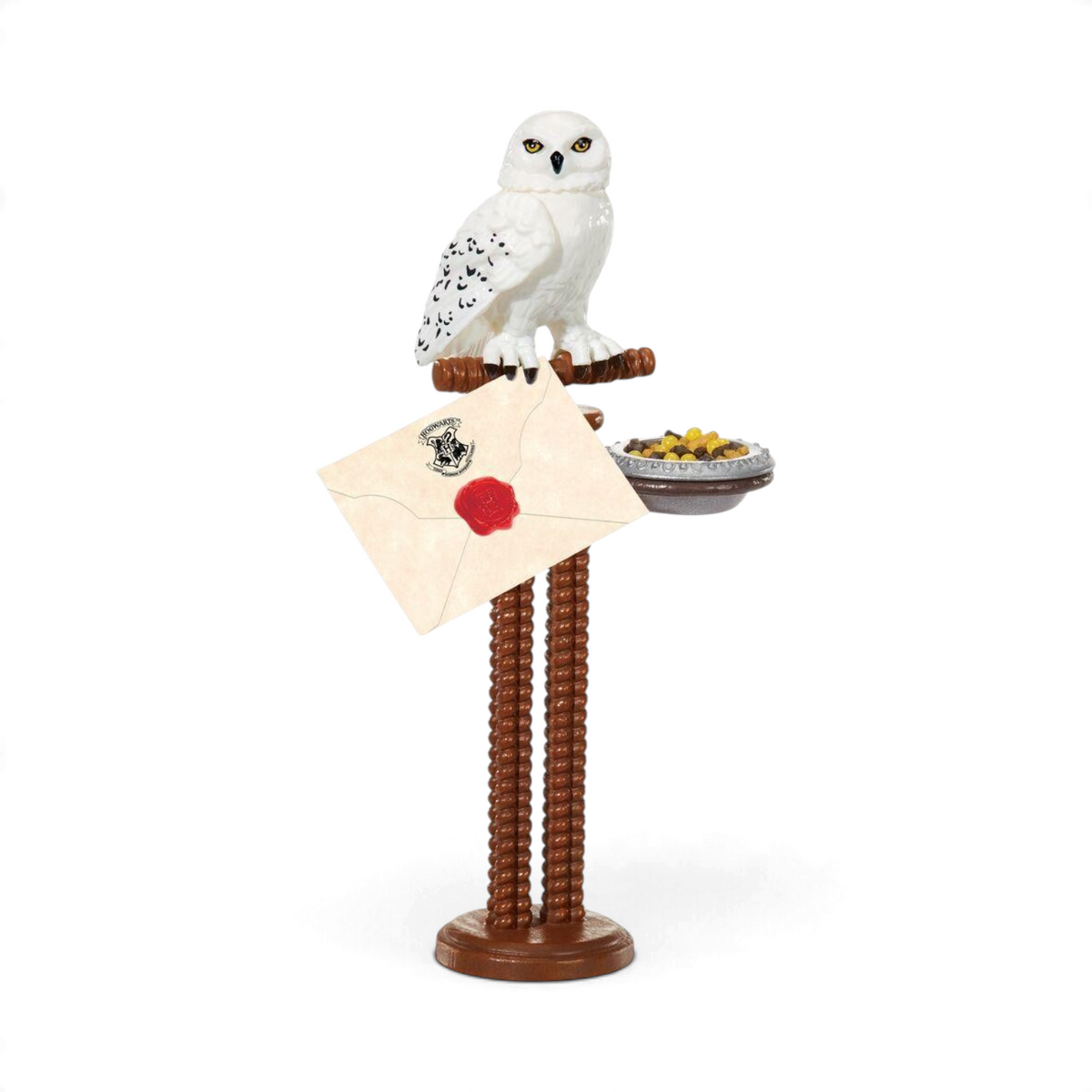 Figurine miniature Hedwige La boutique Aux 2 Balais avec lettre de Poudlard et bol de nourriture sur perchoir