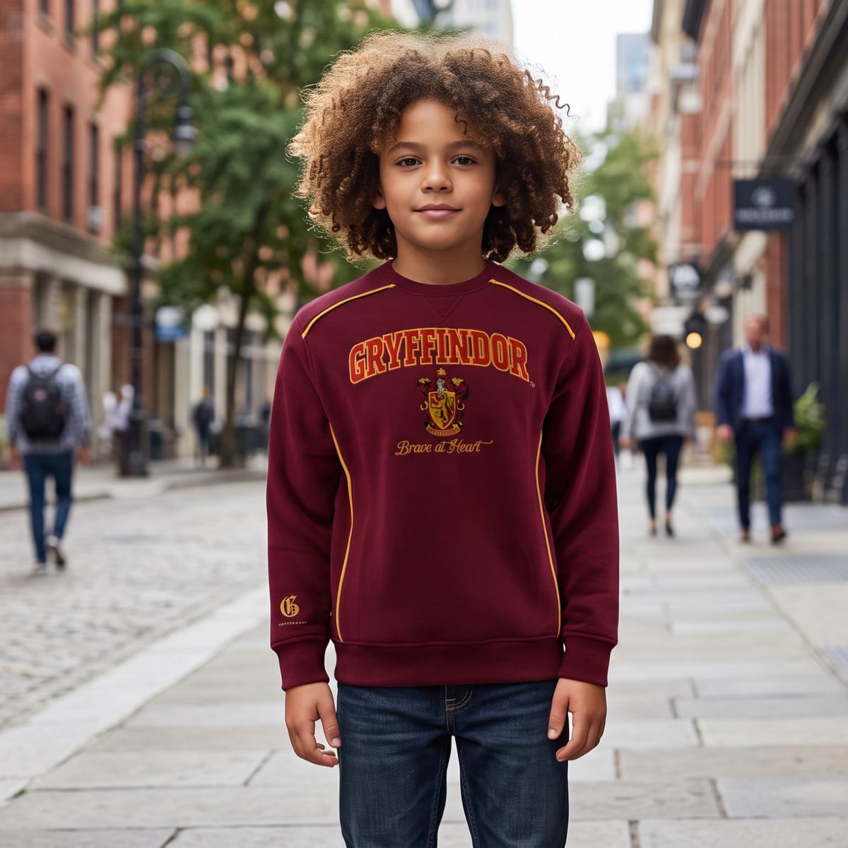 Enfant portant un sweatshirt bordeaux Gryffondor La boutique Aux 2 Balais avec blason brodé et détails dorés