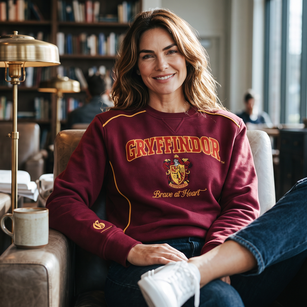 Femme souriante portant un sweatshirt bordeaux Gryffondor La boutique Aux 2 Balais en molleton avec blason brodé