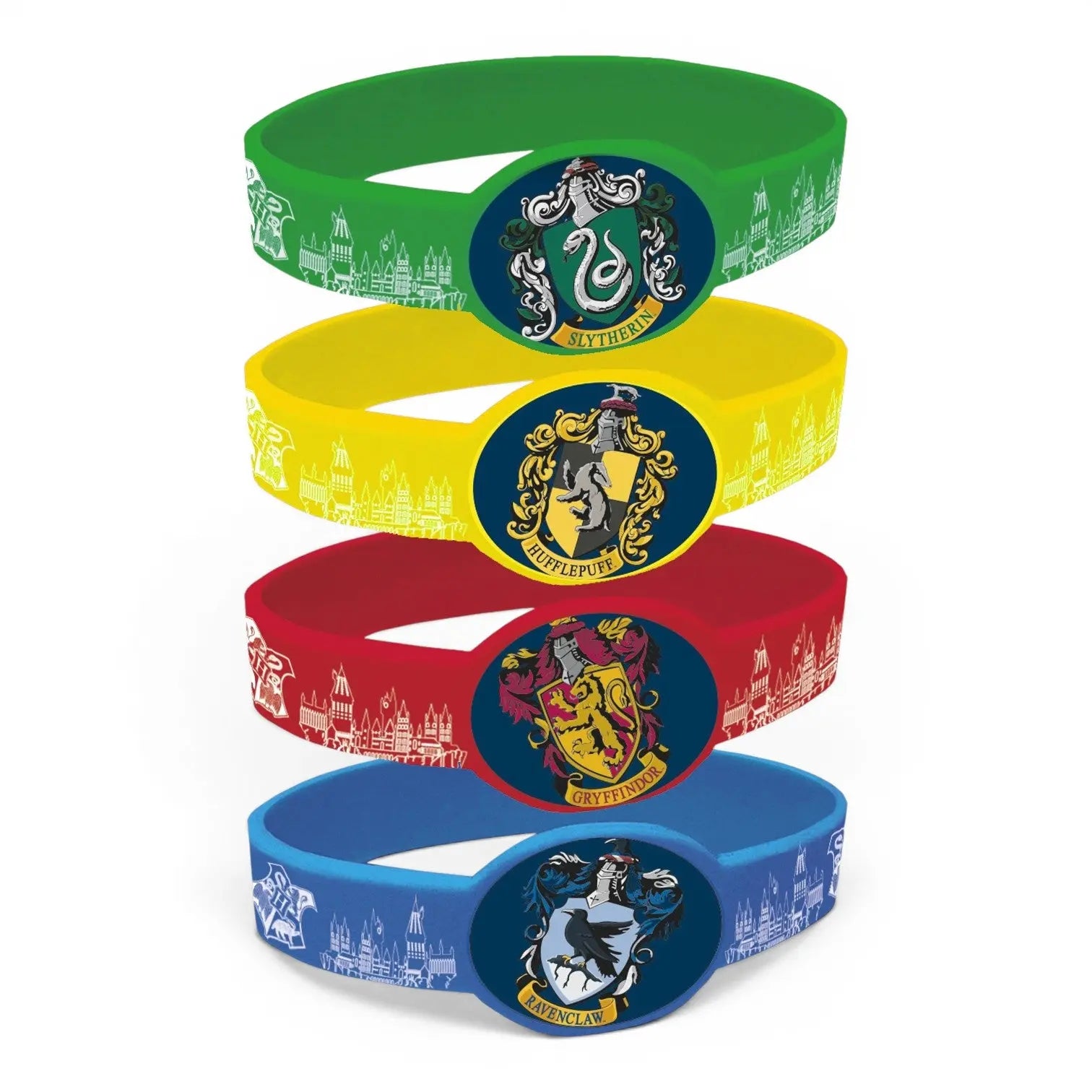 Lot de 4 bracelets élastiques La boutique Aux 2 Balais aux couleurs des maisons de Poudlard : vert Serpentard, jaune Poufsouffle, rouge Gryffondor, bleu Serdaigle.