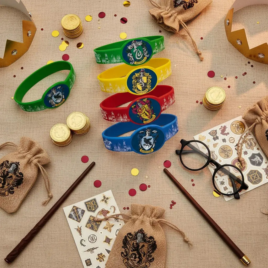Lot de 4 bracelets élastiques Harry Potter aux couleurs des maisons : vert Serpentard, jaune Poufsouffle, rouge Gryffondor, bleu Serdaigle. Plastique souple.