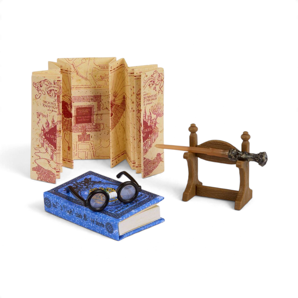 Mini répliques La boutique Aux 2 Balais Harry Potter incluant la carte du Maraudeur, lunettes, livre et baguette