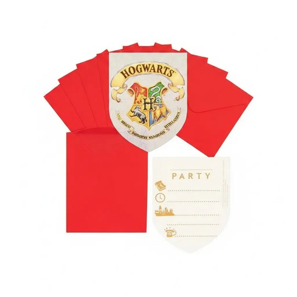 La boutique Aux 2 Balais : 6 invitations Poudlard en carton avec blason Harry Potter et enveloppes rouges.