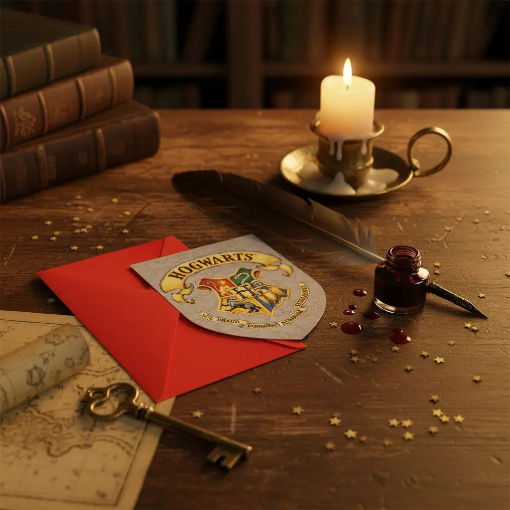 La boutique Aux 2 Balais Lot de 6 invitations Poudlard avec enveloppes rouges, carton, thème Harry Potter.