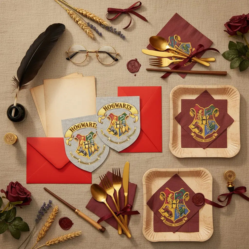 La boutique Aux 2 Balais Lot de 6 invitations Poudlard avec enveloppes rouges, carton, thème Harry Potter.