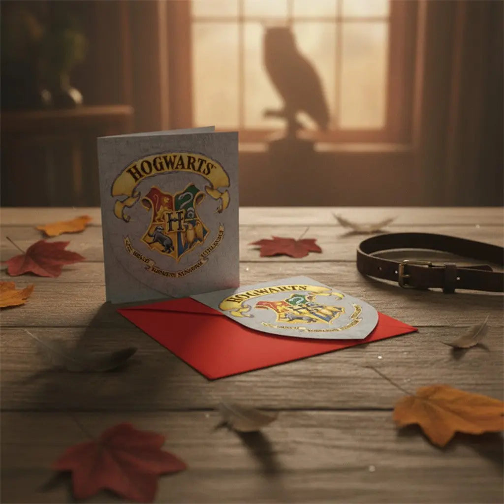 La boutique Aux 2 Balais : 6 invitations Poudlard en carton avec blason Harry Potter et enveloppes rouges.