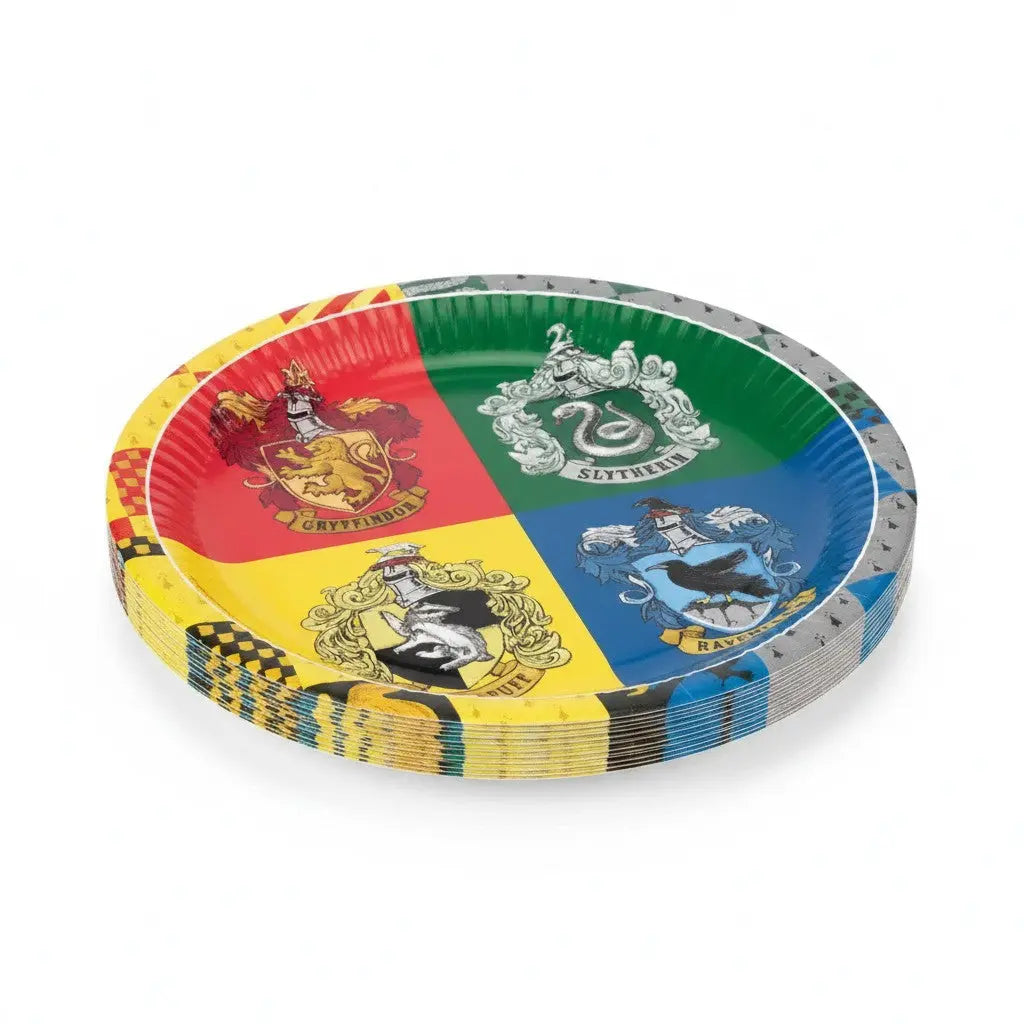 Lot de 8 assiettes en carton Harry Potter 23cm, décorées des 4 maisons de Poudlard : Gryffondor, Serpentard, Poufsouffle, Serdaigle.