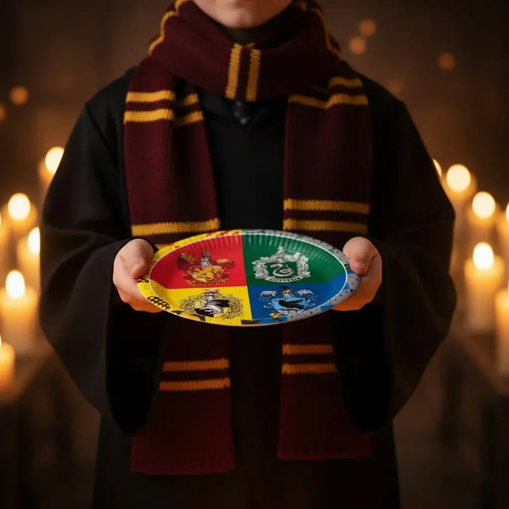 Lot de 8 assiettes rondes en carton de 23 cm, décorées des 4 maisons de Poudlard (Gryffondor, Serpentard, Poufsouffle, Serdaigle) pour un anniversaire Harry Potter.