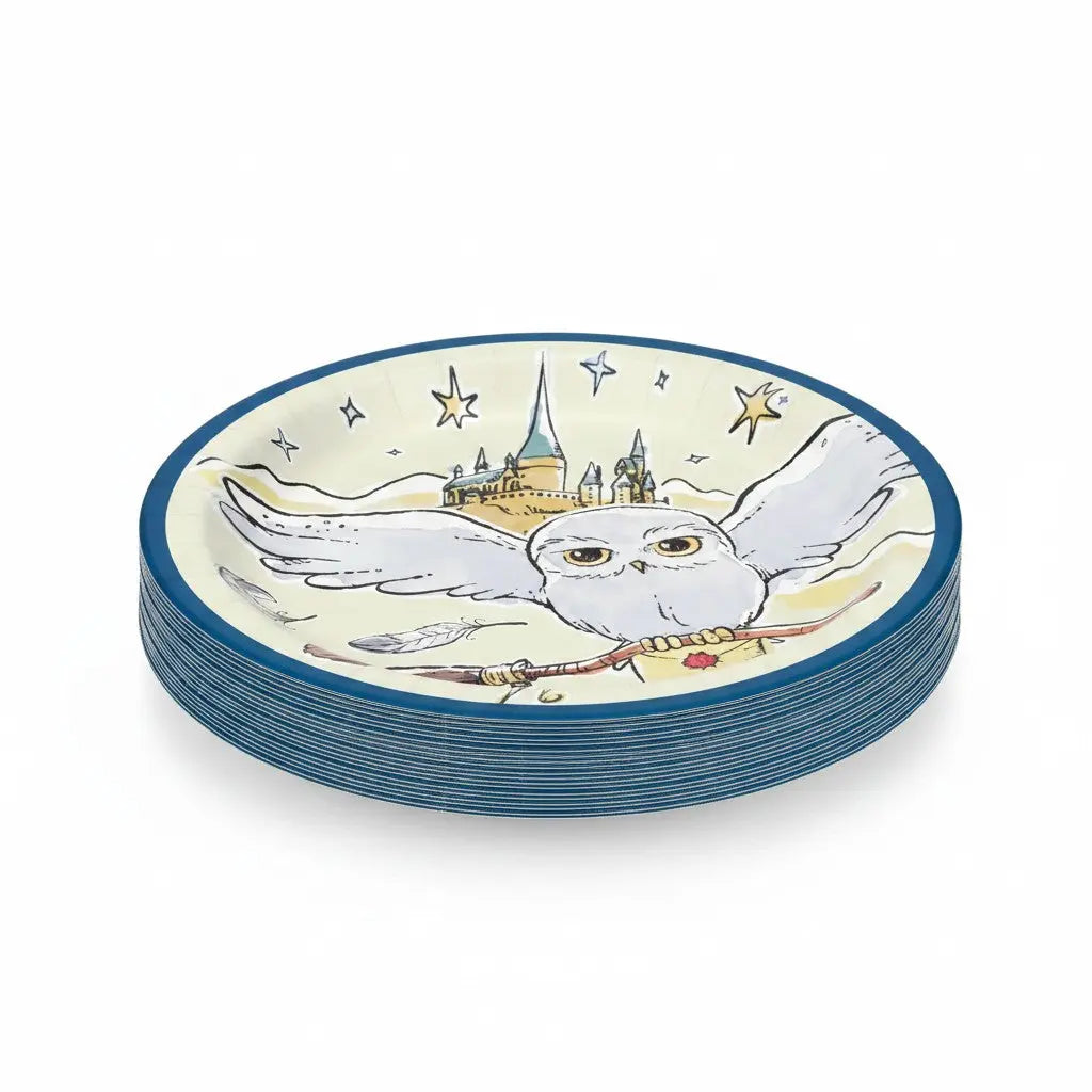 La boutique Aux 2 Balais : 8 assiettes en carton de 18 cm avec Hedwige et Poudlard, idéales pour un anniversaire Harry Potter.
