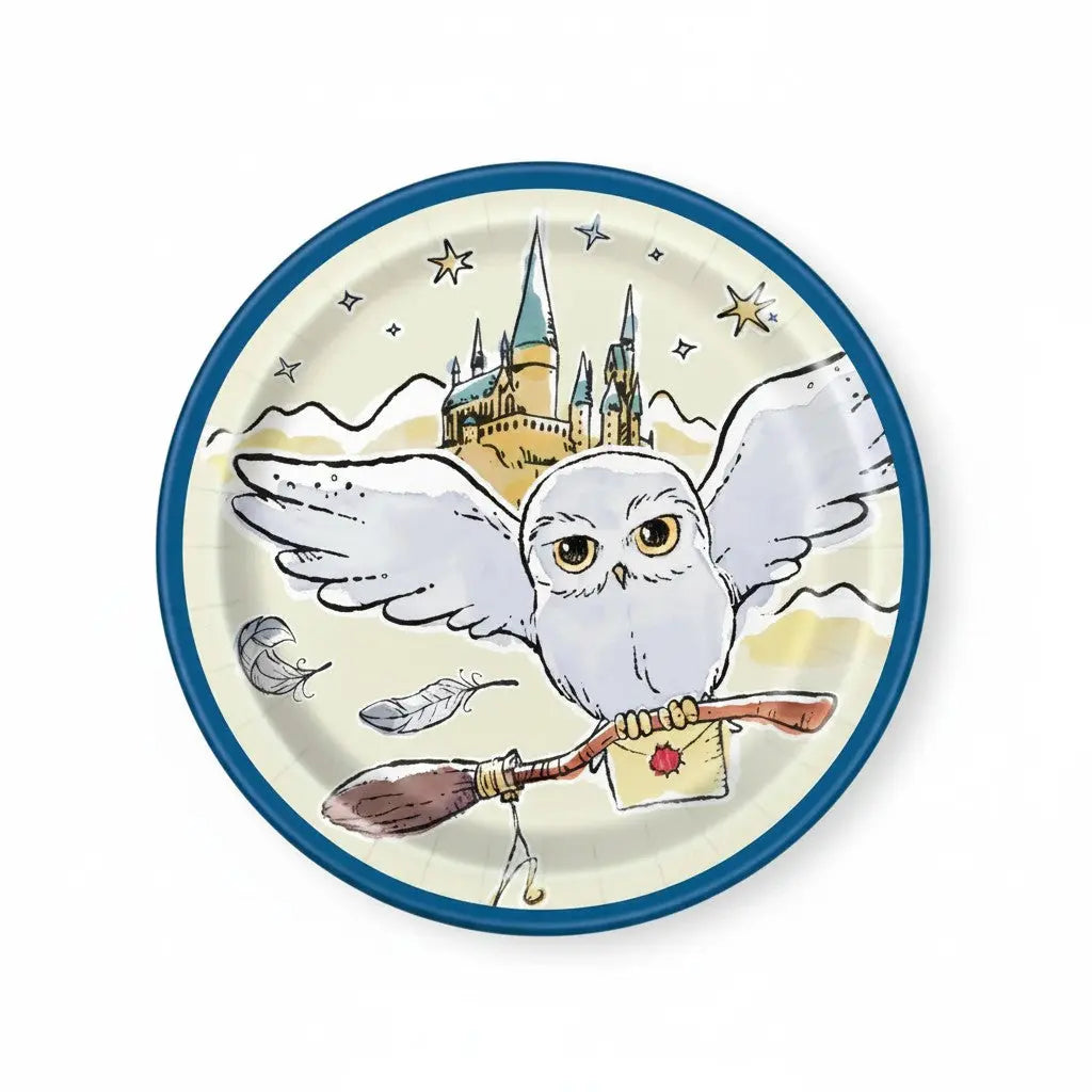 La boutique Aux 2 Balais : 8 assiettes en carton de 18 cm avec Hedwige et Poudlard, parfaites pour un anniversaire Harry Potter.