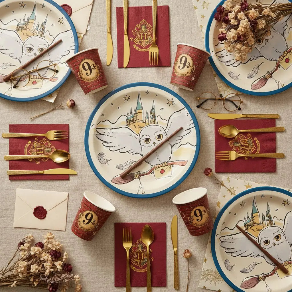 La boutique Aux 2 Balais : 8 assiettes en carton de 18 cm avec Hedwige et Poudlard, idéales pour un anniversaire Harry Potter.