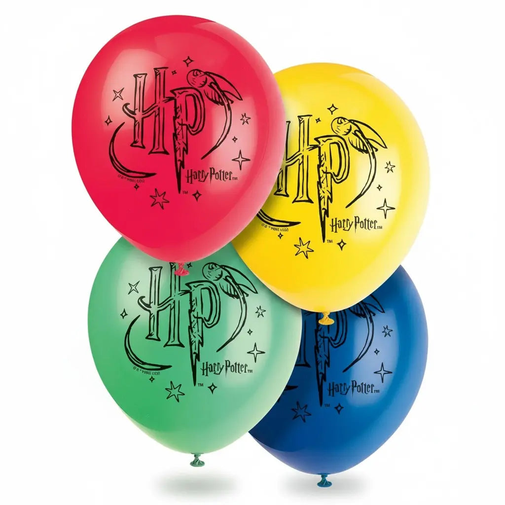Lot de 8 ballons en latex Harry Potter, 30 cm, aux couleurs des maisons : rouge, jaune, vert et bleu. Logo HP imprimé.
