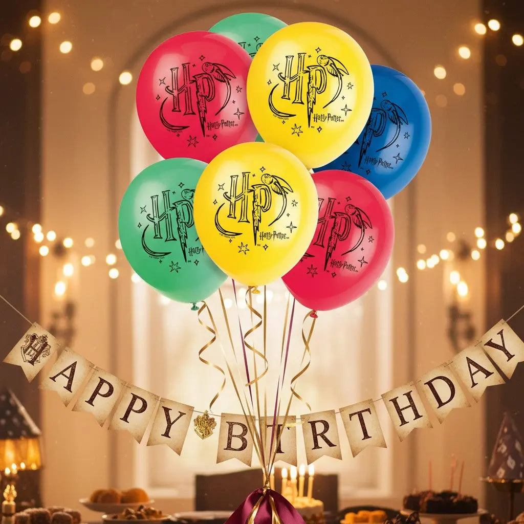 Lot de 8 ballons en latex Harry Potter, 30 cm, aux couleurs des maisons : rouge, jaune, vert et bleu. Logo HP imprimé.