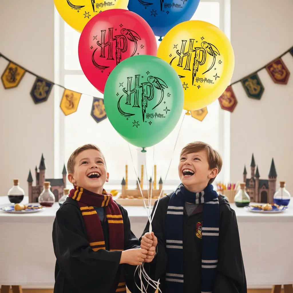 Lot de 8 ballons en latex La boutique Aux 2 Balais Harry Potter, 30 cm, aux couleurs des maisons de Poudlard : rouge, jaune, vert et bleu.