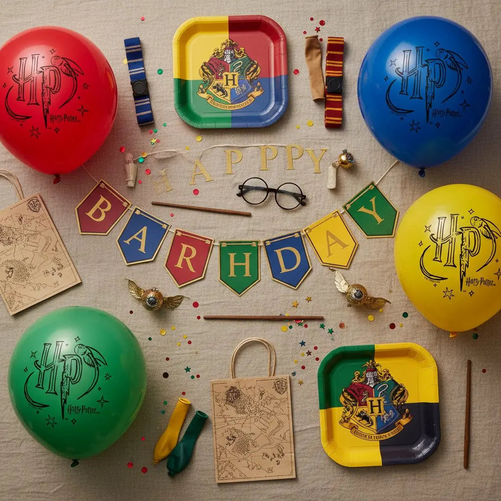 Lot de 8 ballons en latex Harry Potter, 30 cm, aux couleurs des maisons : rouge, jaune, vert et bleu. Logo HP imprimé.
