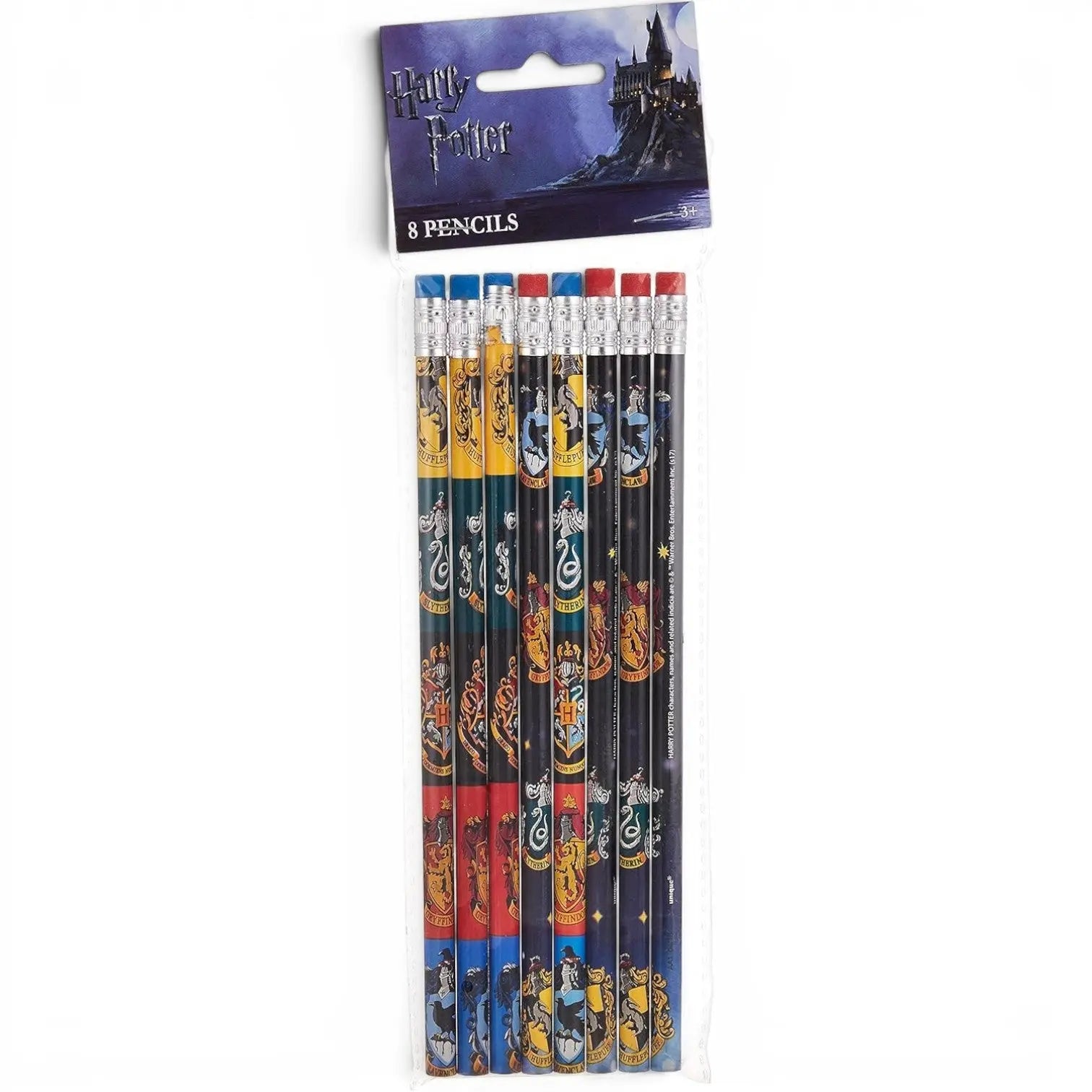 Lot de 8 crayons à papier La boutique Aux 2 Balais Harry Potter, décorés des blasons des maisons de Poudlard.