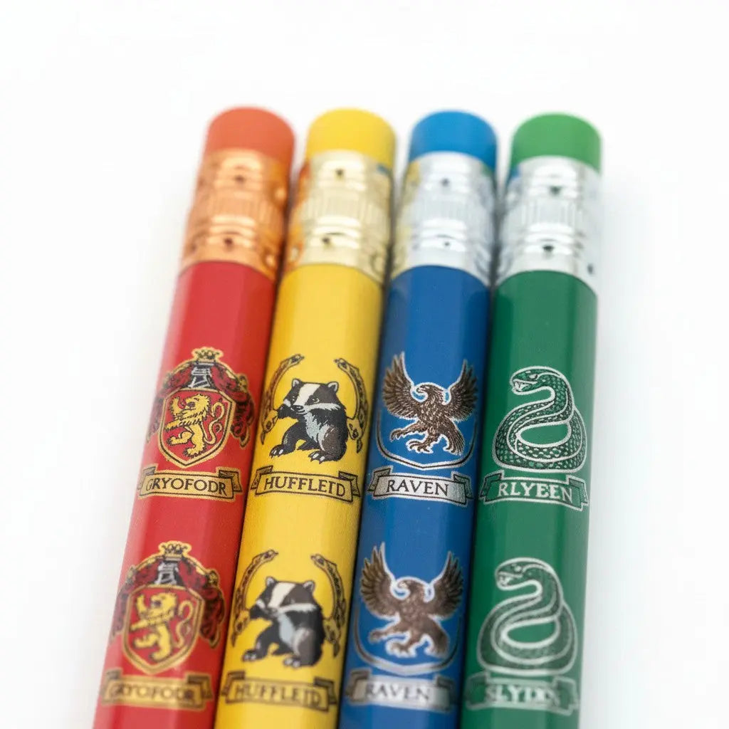 La boutique Aux 2 Balais Lot de 8 crayons à papier Harry Potter Poudlard, avec emblèmes des maisons. Un crayon rouge, un bleu.