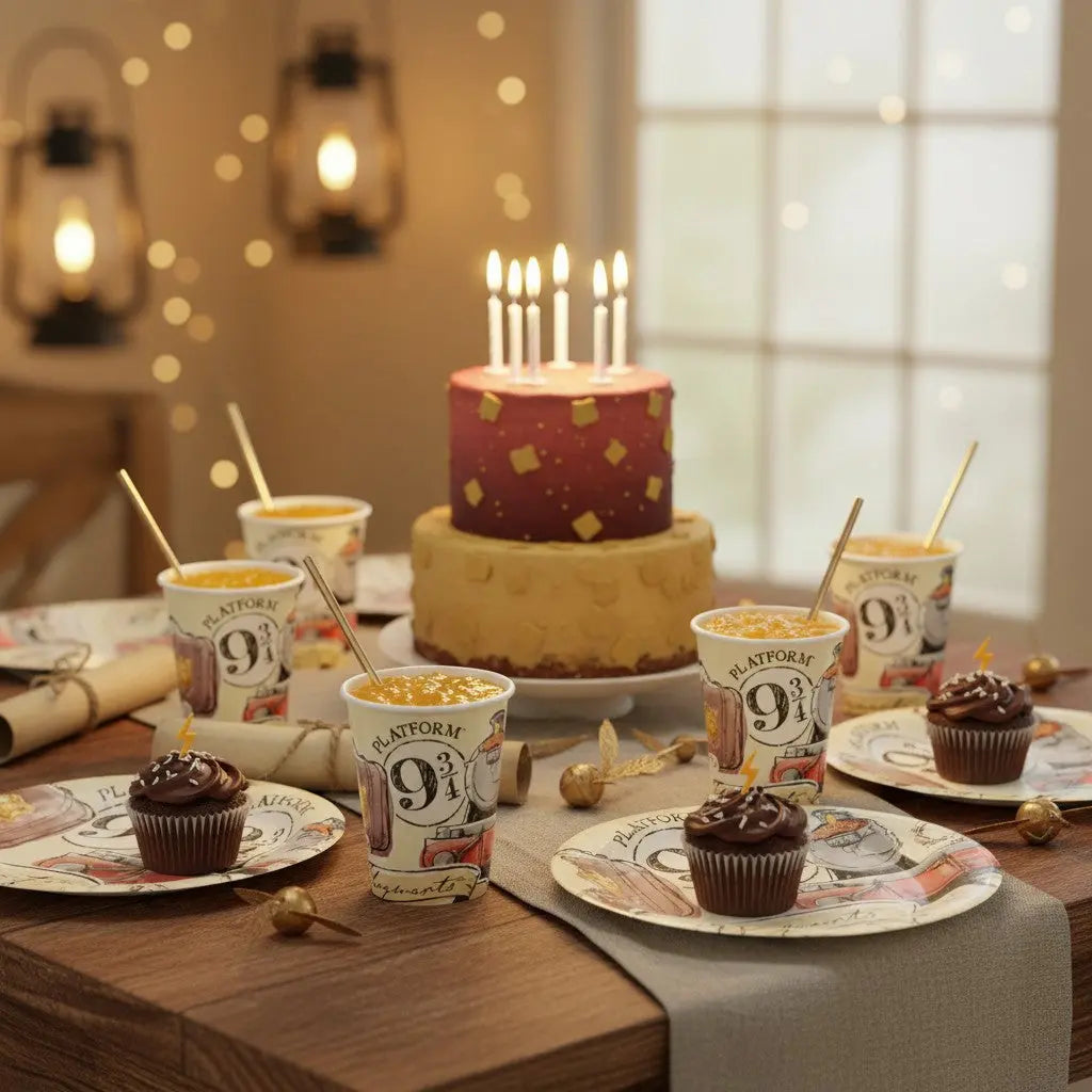 Lot de 8 gobelets en carton La boutique Aux 2 Balais sur le thème Harry Potter, motif King's Cross 9 3/4 et Poudlard Express, 270 ml.