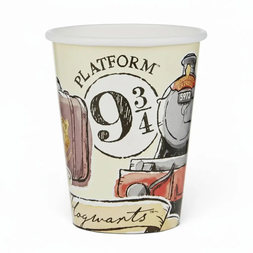 Lot de 8 gobelets en carton La boutique Aux 2 Balais sur le thème Harry Potter, motif King's Cross 9 3/4 et Poudlard Express, 270 ml.
