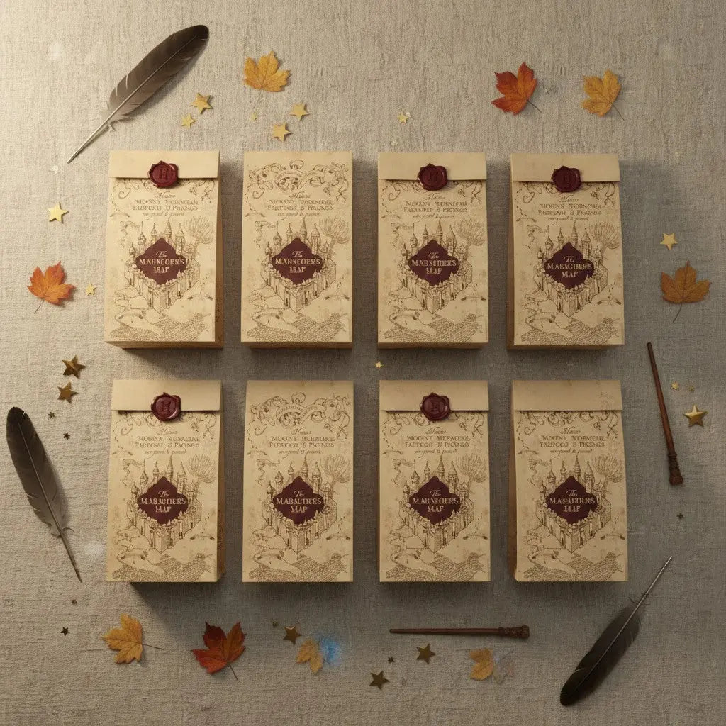 Lot de 8 sacs cadeaux Harry Potter Carte du Maraudeur en papier kraft, 30x15cm, avec sceau rouge.