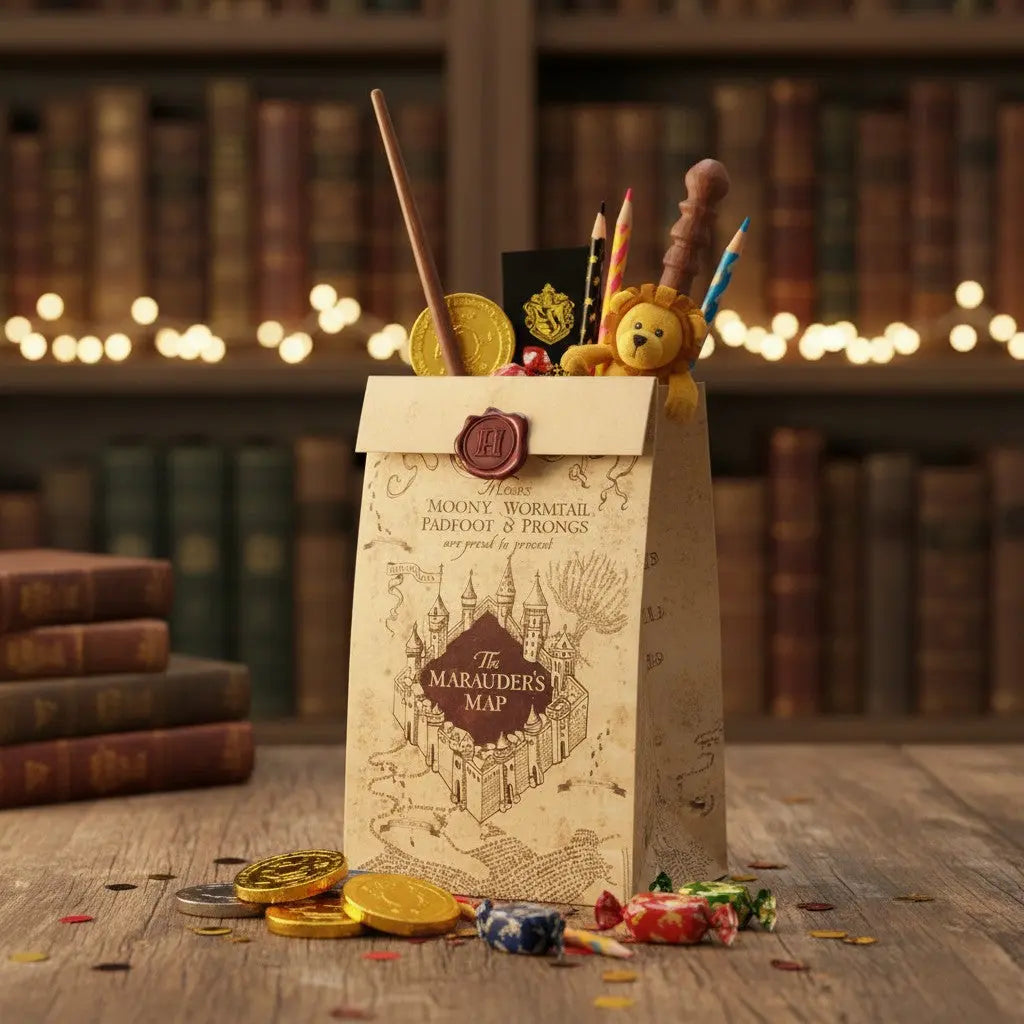 Lot de 8 sacs cadeaux Harry Potter Carte du Maraudeur en papier kraft, 30x15cm, avec sceau rouge.