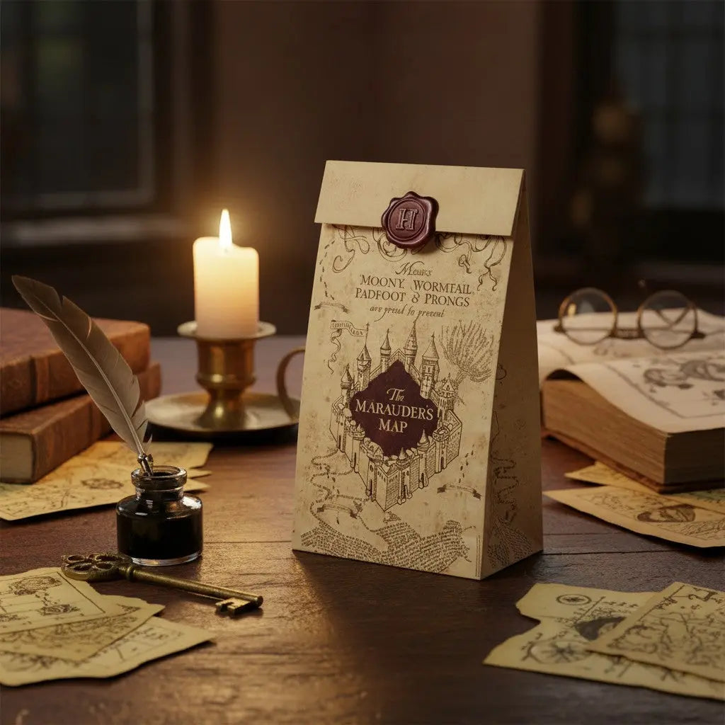 Lot de 8 sacs cadeaux Harry Potter Carte du Maraudeur en papier kraft, 30x15 cm, avec sceau rouge.