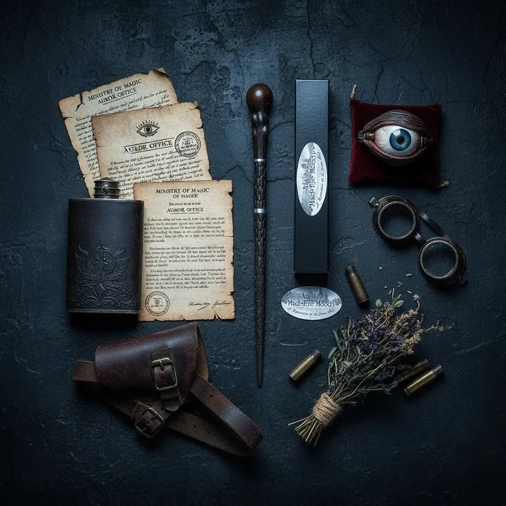 La baguette Alastor Maugrey Harry Potter en résine imitant bois sombre et clair, avec boîte de collection. La boutique Aux 2 Balais.
