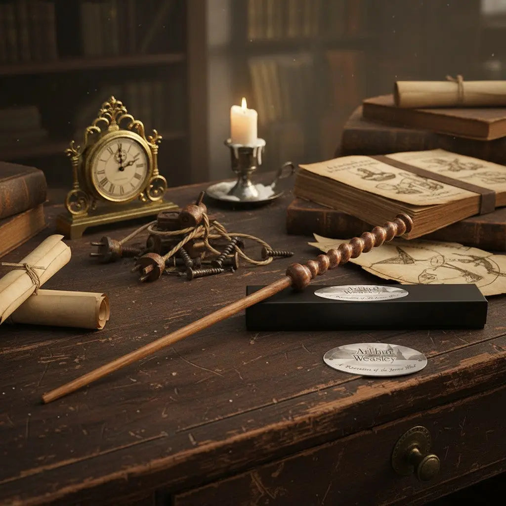 La boutique Aux 2 Balais : Baguette Arthur Weasley en résine imitation bois clair, manche torsadé, réplique officielle Warner Bros.