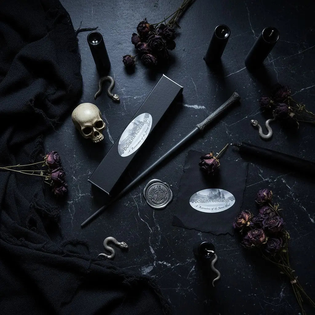 La boutique Aux 2 Balais : réplique baguette Bellatrix Lestrange en résine noire et grise, inspirée d'un tronc d'arbre, avec boîte de collection.