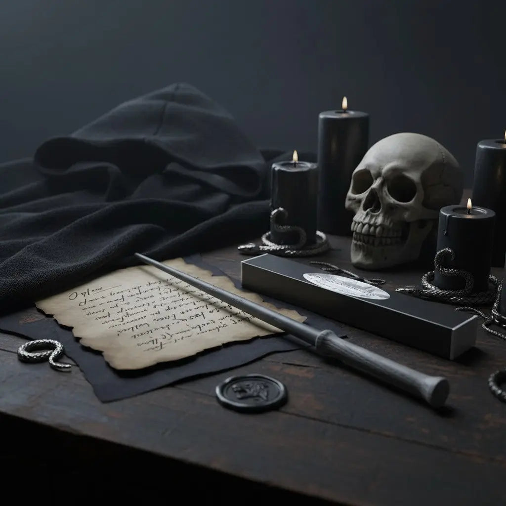 La boutique Aux 2 Balais : réplique baguette Bellatrix Lestrange en résine noire et grise, inspirée d'un bois sculpté, avec boîte de collection.