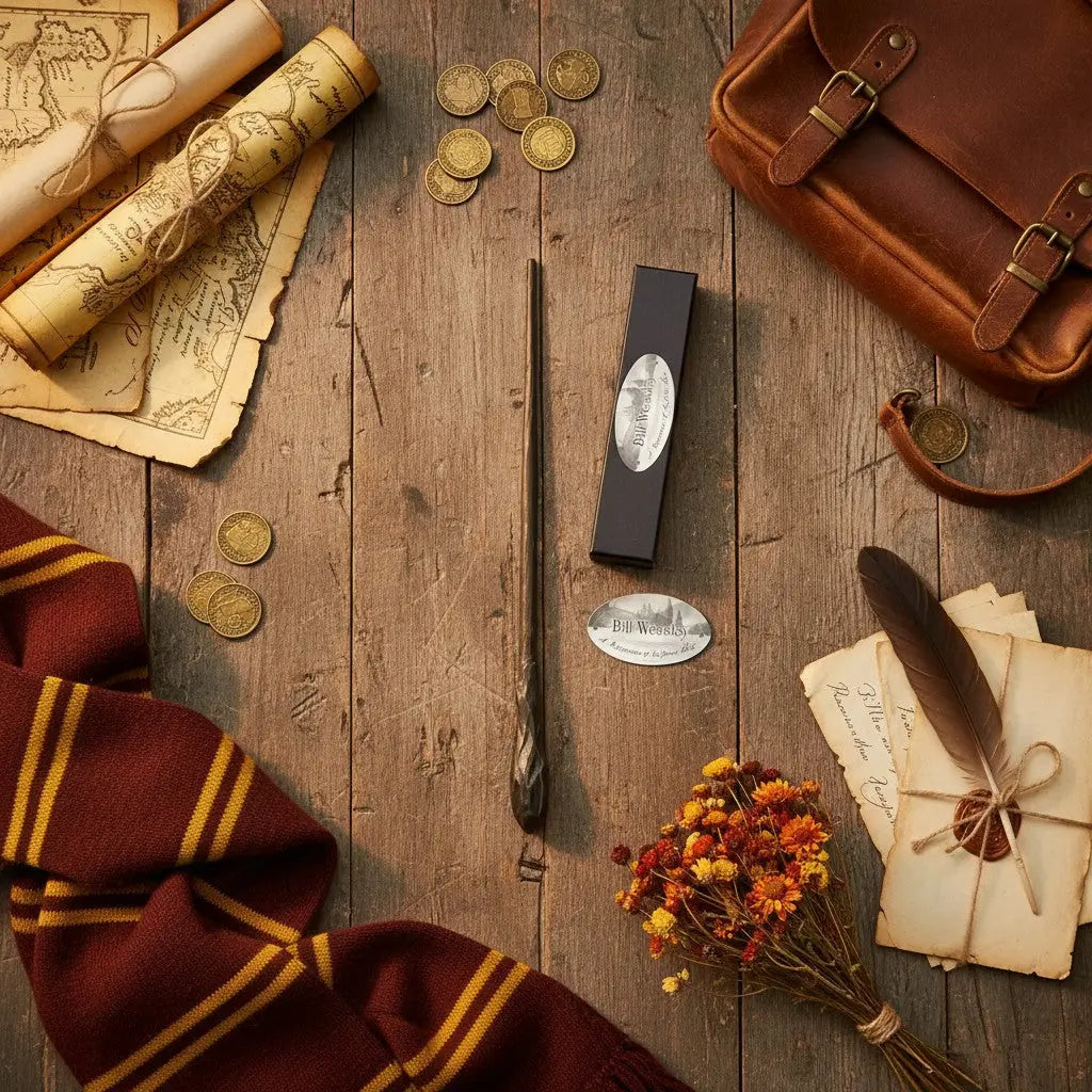 La boutique Aux 2 Balais : Baguette Bill Weasley en résine imitation bois sombre, réplique Harry Potter, boîte collector.
