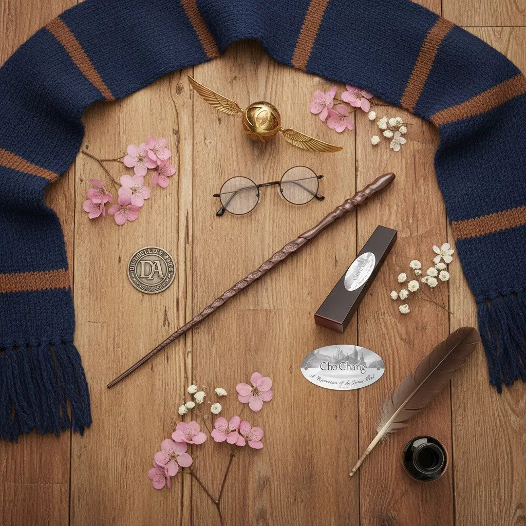La baguette de Cho Chang en résine marron, réplique officielle Harry Potter, avec manche torsadé et détails burinés. La boutique Aux 2 Balais.