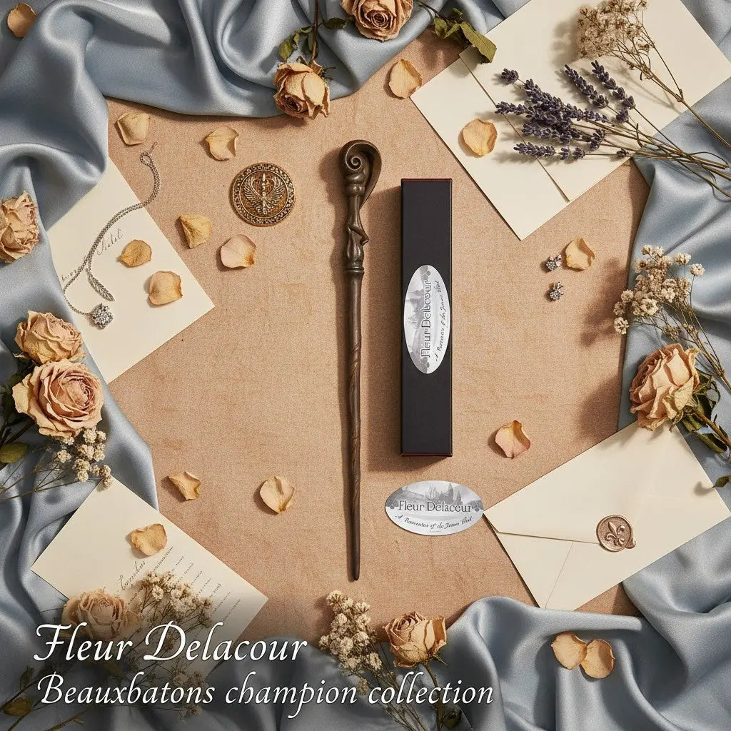 La boutique Aux 2 Balais : Baguette Fleur Delacour en résine, réplique du film Harry Potter et la Coupe de Feu.