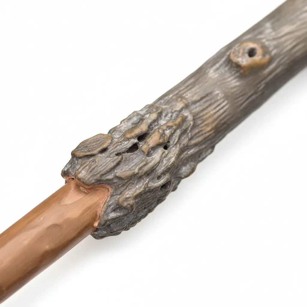 La boutique Aux 2 Balais Baguette Harry Potter officielle en résine, manche écorce brute, 35cm, boîte collection. Réplique fidèle.