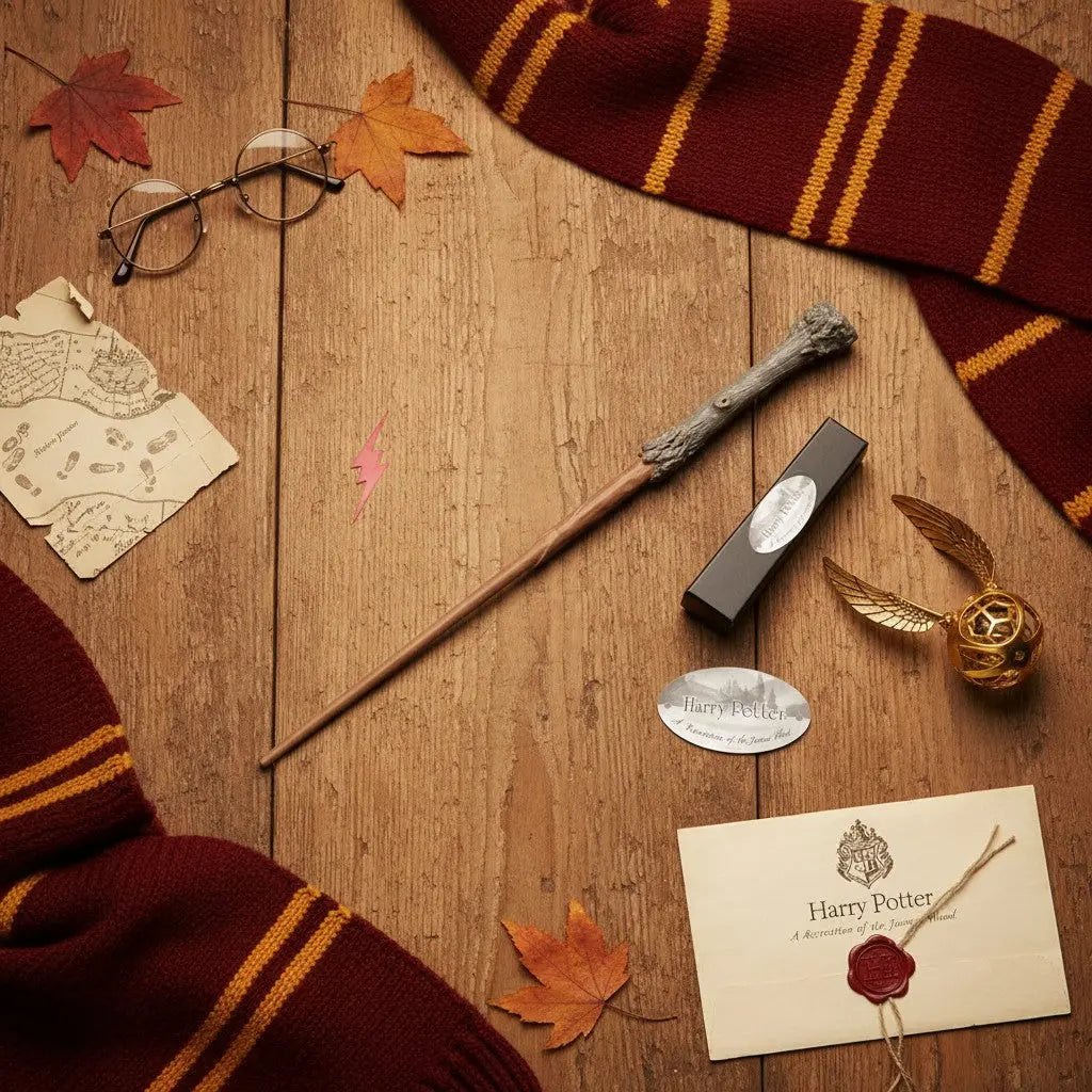 La boutique Aux 2 Balais Baguette Harry Potter officielle en résine, manche écorce brute, boîte de collection.