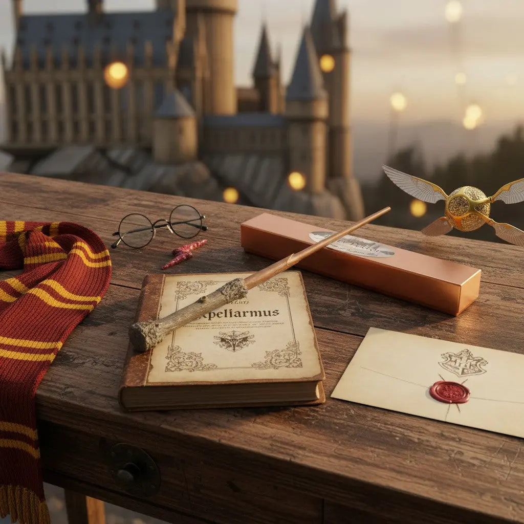 Baguette Harry Potter officielle en résine, manche écorce brute, 35 cm, avec boîte de collection et plaque nominative. La boutique Aux 2 Balais.