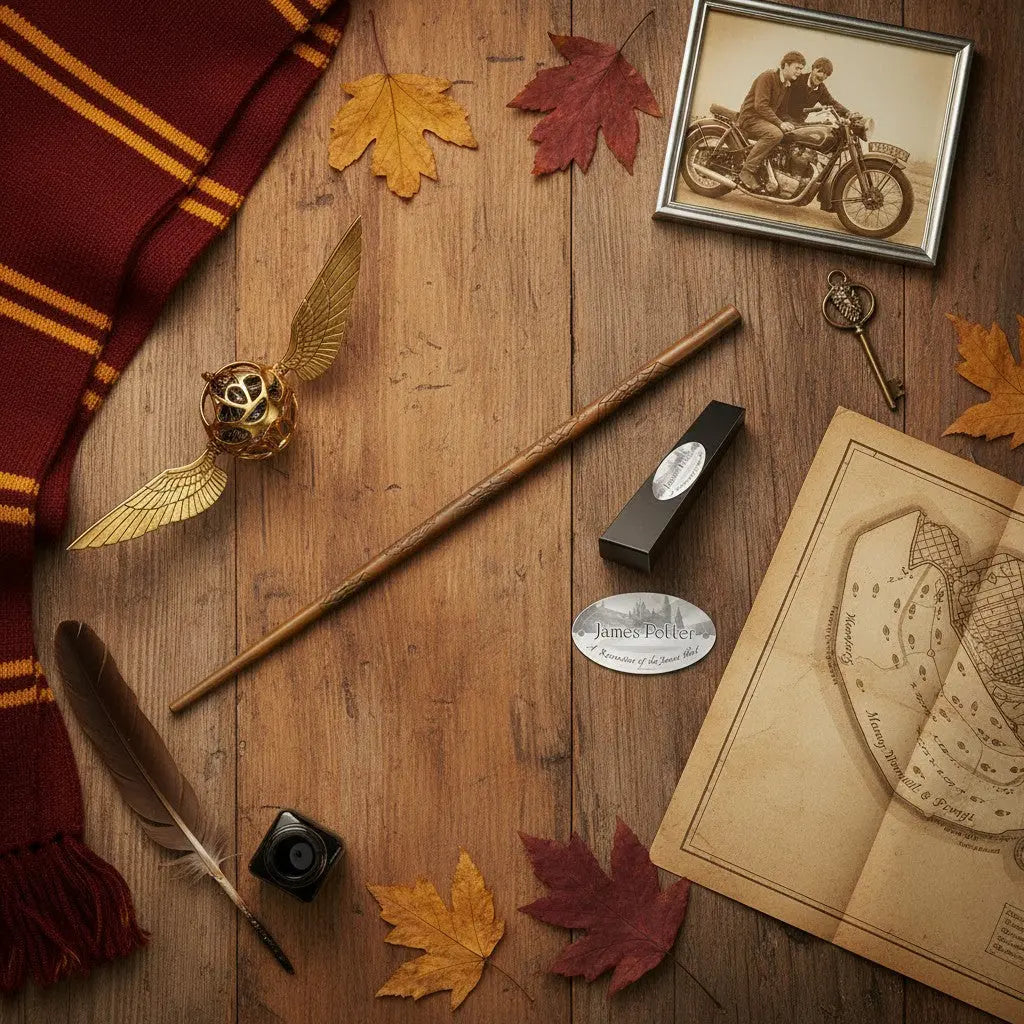 Baguette James Potter en résine imitation bois clair, gravée de toiles d'araignées, avec boîte de collection La boutique Aux 2 Balais.