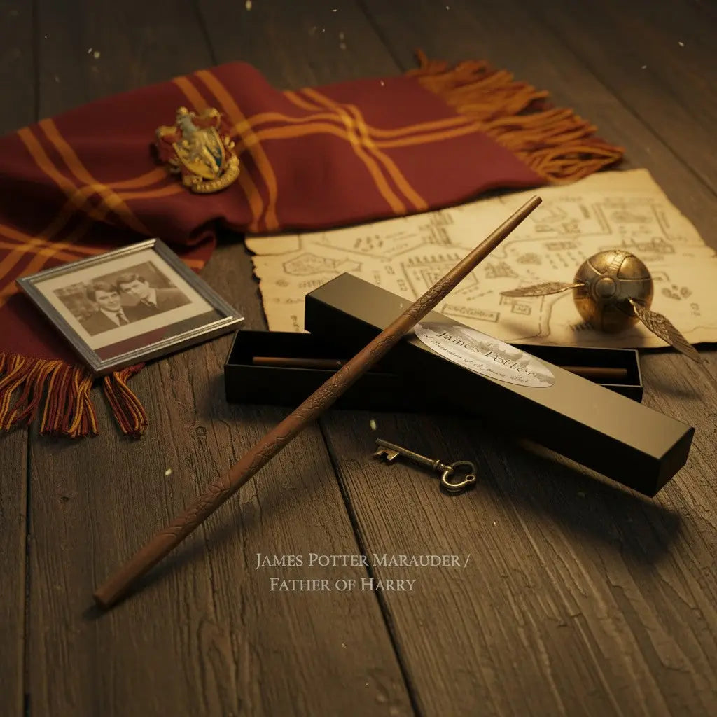 La boutique Aux 2 Balais baguette James Potter en résine imitation bois clair avec gravures toiles d'araignées, réplique sous licence Warner Bros.