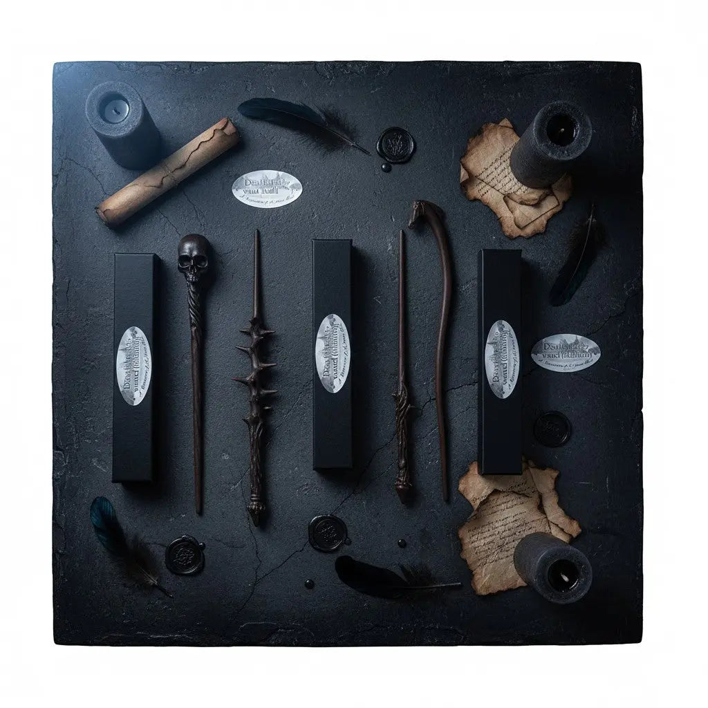 La boutique Aux 2 Balais : Baguette Mangemort Étalon en résine, réplique officielle Harry Potter avec manche sculpté et boîte de collection.
