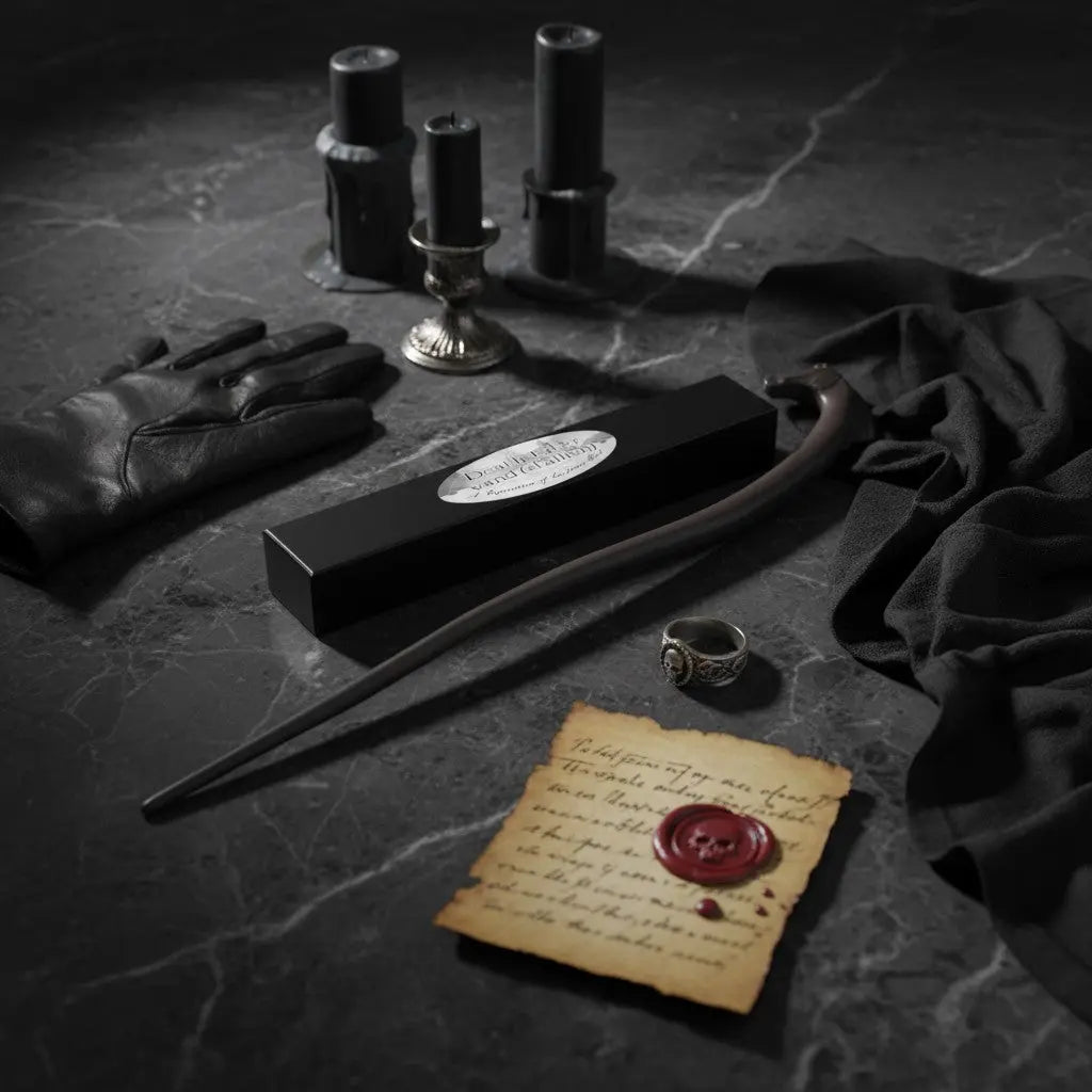 La boutique Aux 2 Balais : Baguette Mangemort Étalon en résine, réplique officielle Harry Potter, manche sculpté, boîte de collection.