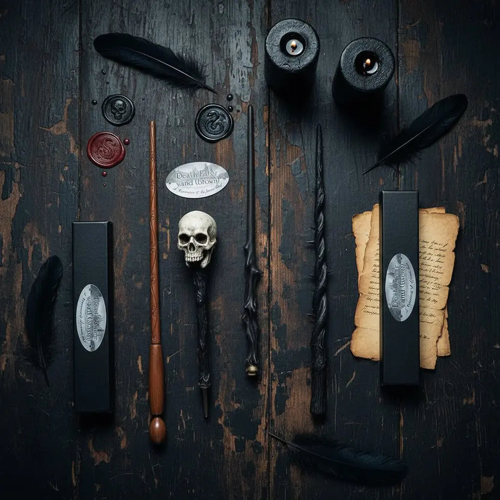 La boutique Aux 2 Balais Baguette Mangemort Marron en résine, réplique officielle Harry Potter avec manche arrondi et corps droit sculpté.
