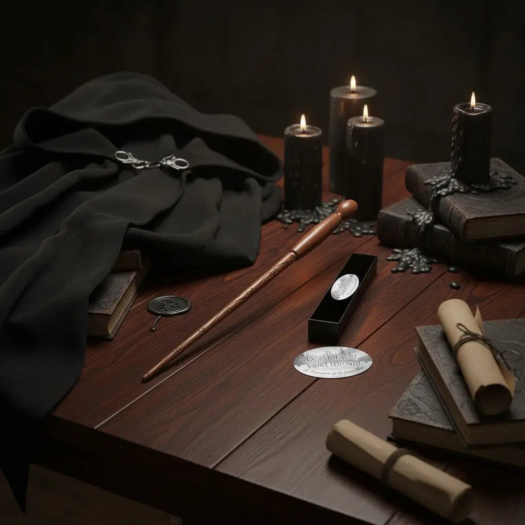 La boutique Aux 2 Balais Baguette Mangemort Marron en résine, réplique officielle Harry Potter, design bois sculpté, manche arrondi, boîte de collection incluse.