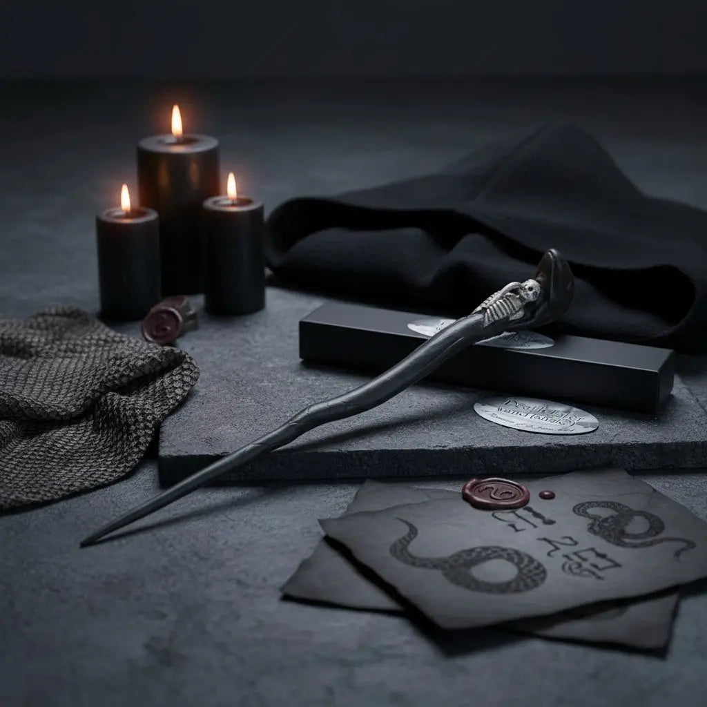 La boutique Aux 2 Balais : Baguette Mangemort Serpent en résine, réplique Harry Potter avec squelette et serpent sculptés, 34 cm.