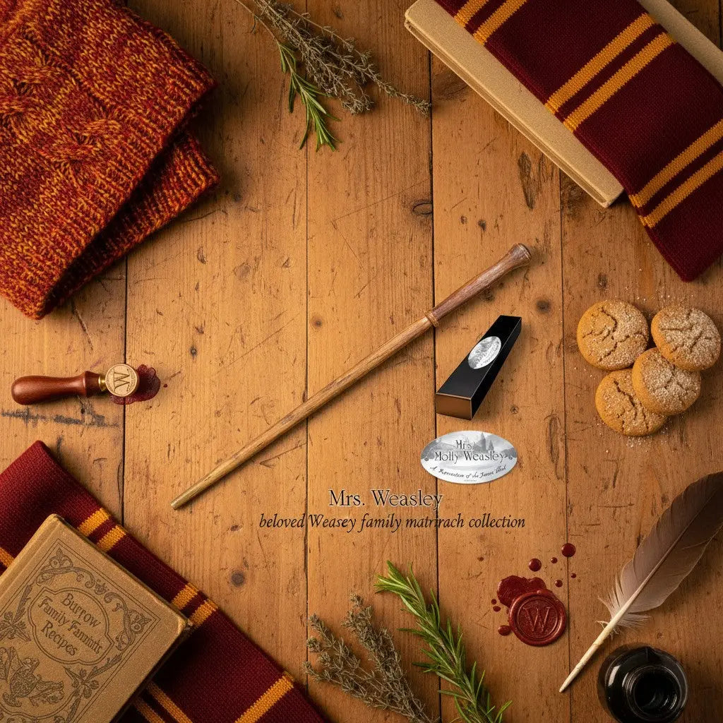 La boutique Aux 2 Balais : baguette Molly Weasley en résine, réplique fidèle des films Harry Potter, couleur bois clair.