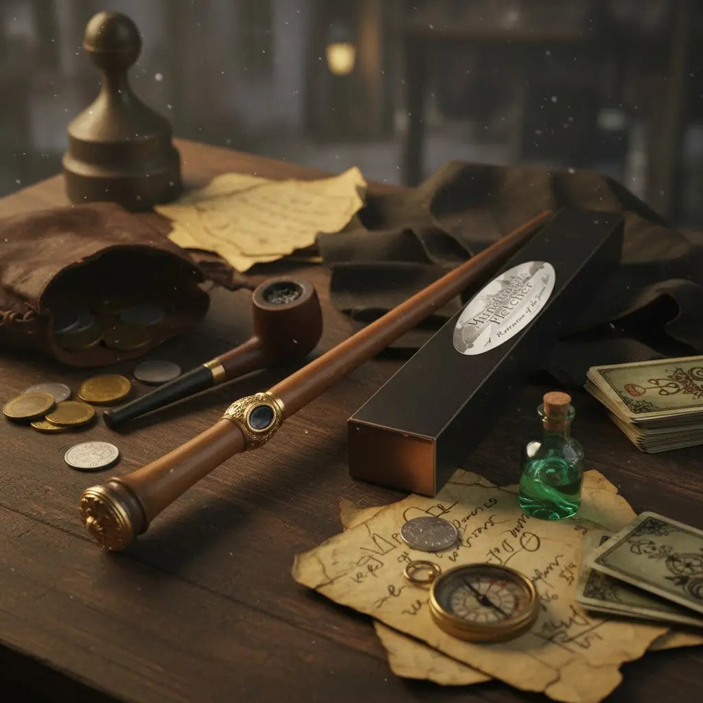 La boutique Aux 2 Balais : Baguette Mondingus Fletcher en résine avec bague dorée et pierre noire, réplique Warner Bros.