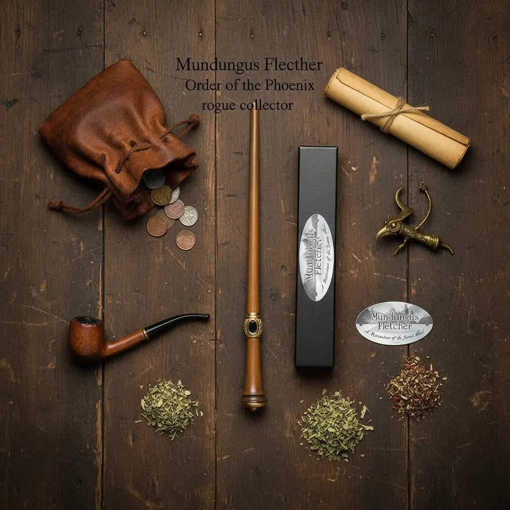 La boutique Aux 2 Balais : baguette en résine de Mondingus Fletcher, réplique Warner Bros. avec bague dorée et pierre noire.