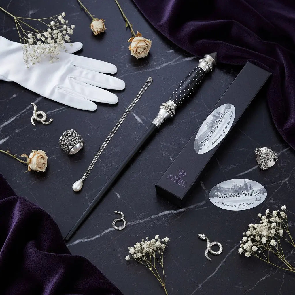 La boutique Aux 2 Balais : Baguette de Narcissa Malefoy en résine noire imitation ébène avec manche orné de pointes et détails argentés.